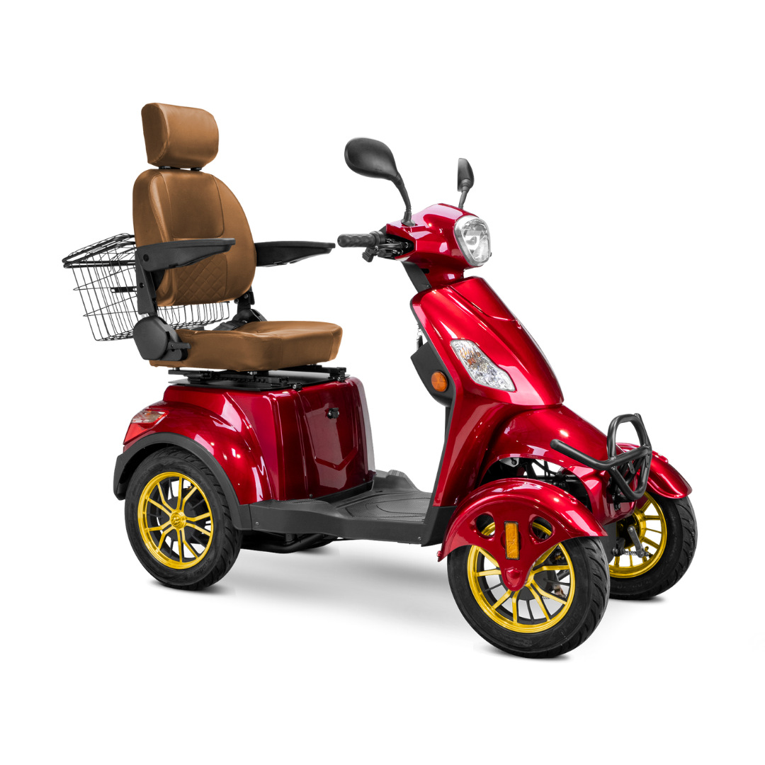 The Bespoke Prestige Recreational 4-Wheel Scooter is red with yellow-rimmed tires, a brown cushioned adjustable seat with armrests and headrest, front light, handlebars, and a wire basket attached to the back.